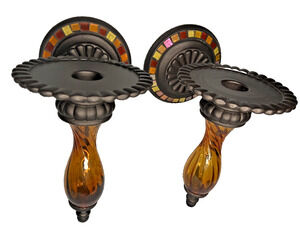 Two PartyLite Global Fusion Candle Holders Mosaic Glass Wall Sconces Retired